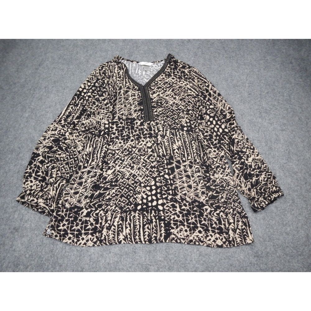 CJ Banks Blouse Shirt Womens Plus 1X Brown Beige Geometric Print Long Sleeve Top